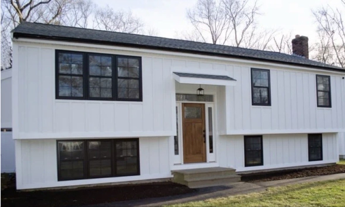 White split-level home exterior